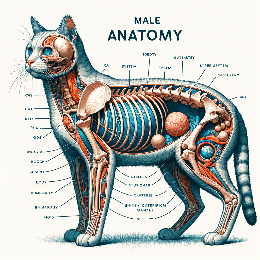 Professional illustration of male cat anatomy highlighting physical characteristics, skeletal system, and body structure for a comprehensive understanding of feline anatomy and male cat health.