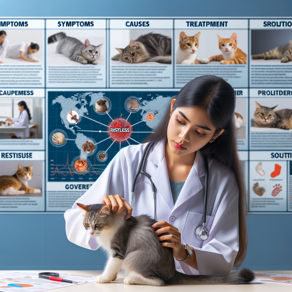 Veterinarian examining restless cat, with charts illustrating symptoms, causes, and treatments for feline restlessness, providing understanding of cat behavior problems and ways to calm a restless cat.