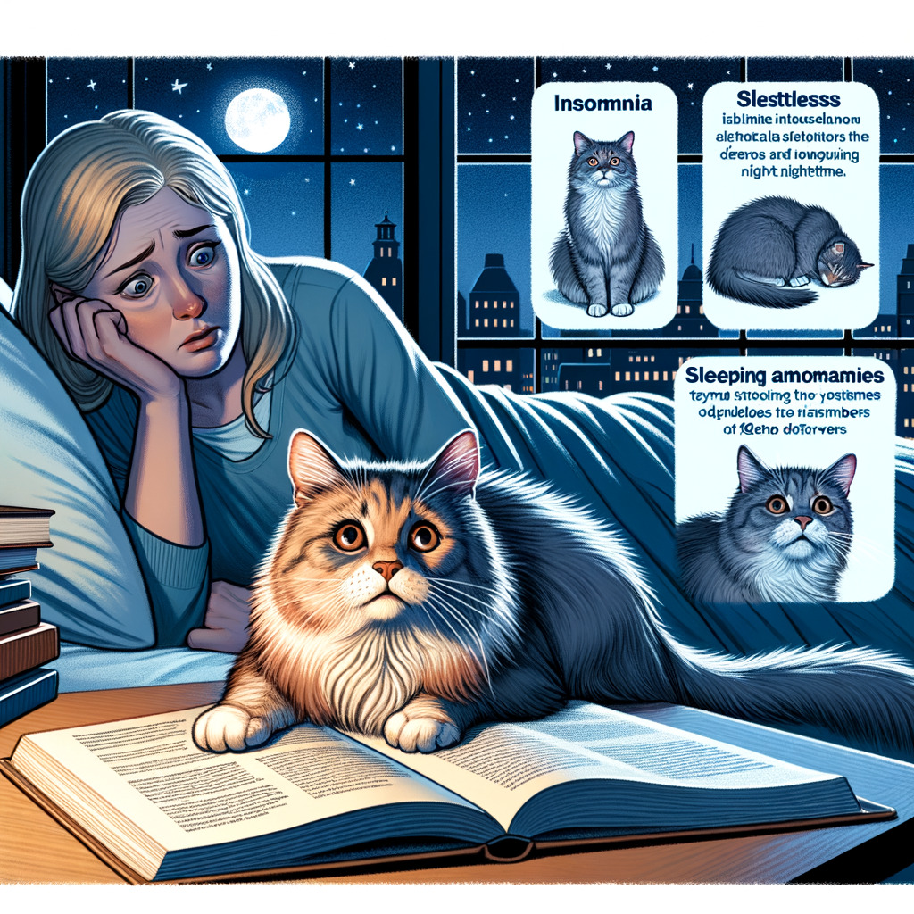 Pet owner addressing restless cat symptoms at night, studying cat sleep problems and feline sleep disorders with a guidebook, charting cat insomnia causes and managing cat sleep disturbance for effective restless cat treatment.