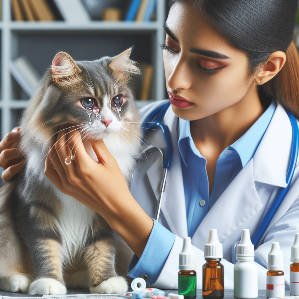 Veterinarian examining a domestic cat suffering from cat eye watering causes, showcasing treatments for watery cat eyes and remedies for cat eye watering on a table, highlighting cat eye health issues and solutions.