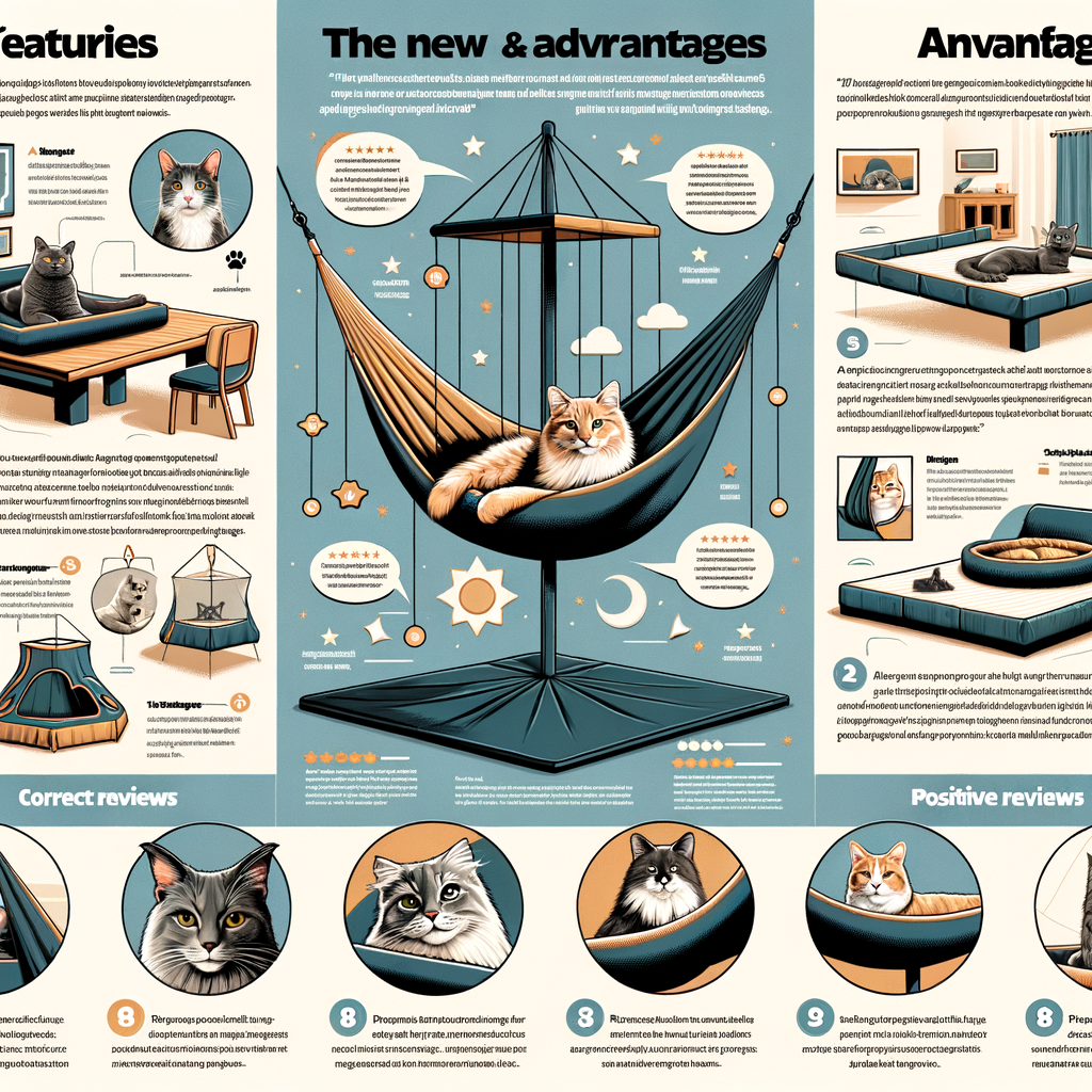 Infographic illustrating the functionality, benefits, and user reviews of cat hammock beds, showcasing various types and their advantages for feline health and comfort.
