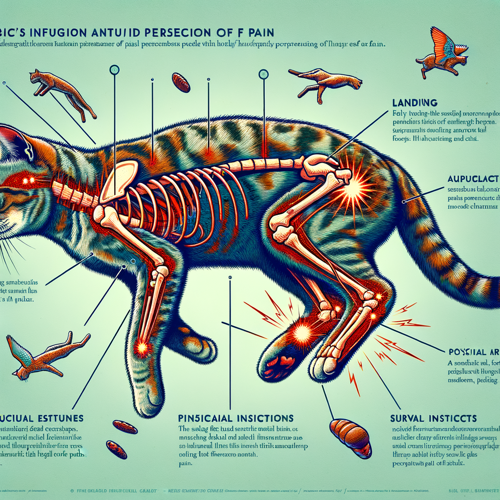 Infographic illustrating cats landing on feet after falling from heights, highlighting feline pain perception, potential landing injuries, cat's landing mechanism, and survival instincts.