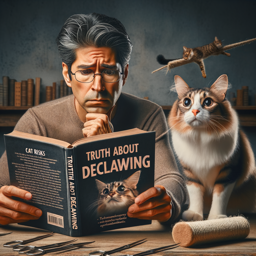 Concerned cat owner reading 'Truth about Declawing' book, highlighting Declawing Risks, Cat Declawing Considerations, and Declawing Alternatives, while healthy cat plays with scratching post, illustrating responsible Cat Care and Feline Declawing knowledge.