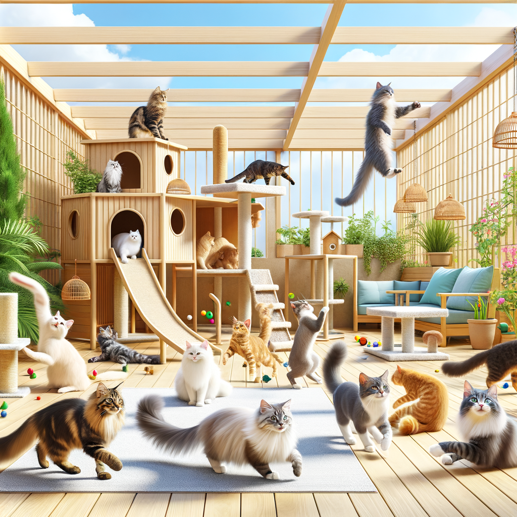 Contented cats of various breeds enjoying and playing in a spacious outdoor catio, showcasing the benefits of catios for cats' health, behavior, and enjoyment.