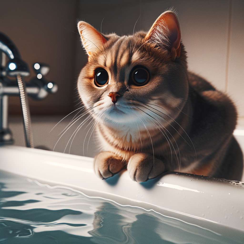 Domestic cat showing aversion and curiosity towards water, illustrating feline bathing habits and cats' complex relationship with water